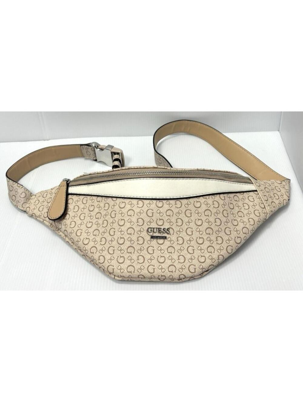 Guess Fanny Pack Cream White Tan Logo Waist Bag Adjustable Strap Travel Pouch